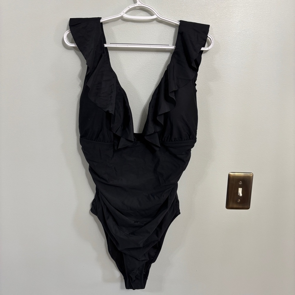 J.Crew Ruffle Shoulder V-Neck One-Piece Swimsuit Black size 16